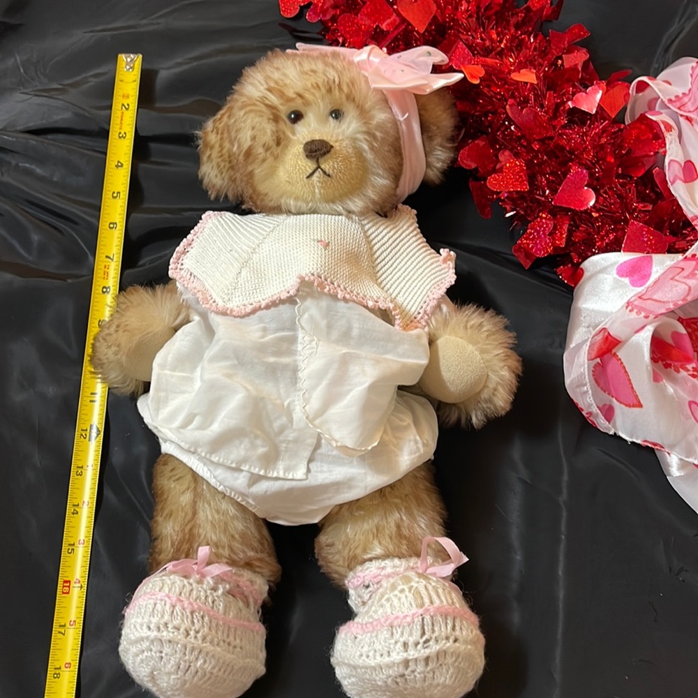 Adorable, untagged, mohair Teddy dressed in Vintage girls clothes